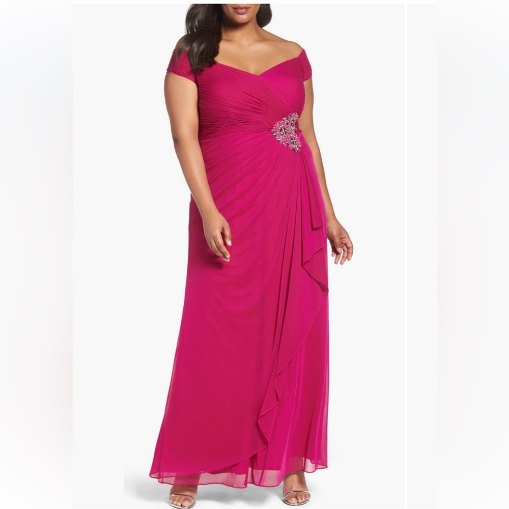 Alex Evenings Fuchsia Off-Shoulder Beaded Waist Evening Gown